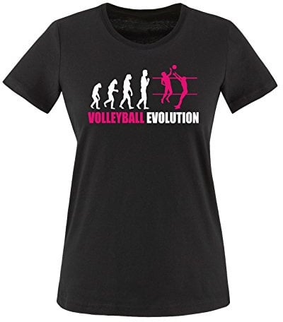 Comedy Shirts - Volleyball Evolution - Damen T-Shirt - Schwarz/Weiss-Pink Gr. M