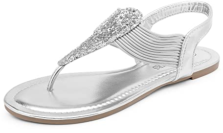 DREAM PAIRS Sandales d'été pour Femmes avec Semelle Antidérapante Elastic Ankle Strap Latex Semelle Intérieure Sandales Plates Confortable Spparkly,Size 38,Argent,SPPARKLY