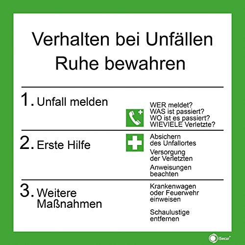 Hinweis-Aufkleber Verhalten bei Unfällen I 20 x 20 cm I Anleitung Verhaltensregeln Betriebs-Aushang I Erste-Hilfe Maßnahmen I hin_223
