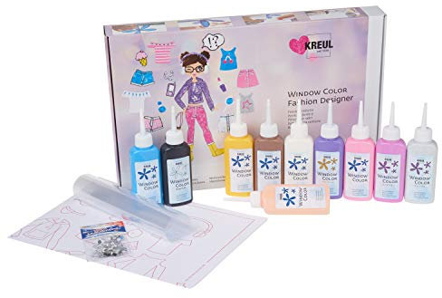 KREUL 42851 - Window Color Set Fashion Designer, für kleine und große Kreative, 9 x 80 ml Fensterfarben, 80 ml Konturenfarbe, 3 verschiedene Folien, 150 Schmucksteine sowie Motivvorlagen