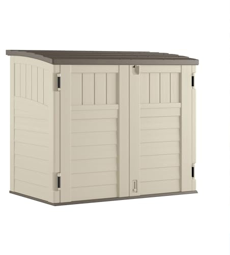 Suncast 34 Cu Ft Horizontal Resin Storage Shed - Outdoor Storage Shed with Floor Included, Lockable, Weatherproof, Fits Small to Medium Trash Cans, Generators, & Garden Tools, Vanilla Stoney