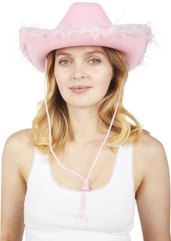 P'TIT CLOWN - 21303 - Cowgirl Filzhut mit glänzenden Federn - Glimmer Damen Cowboyhut - Western Look, Country, Far West, Rodeo, Festival, Karneval, JGA, Halloween, Party - Erwachsene - Rosa