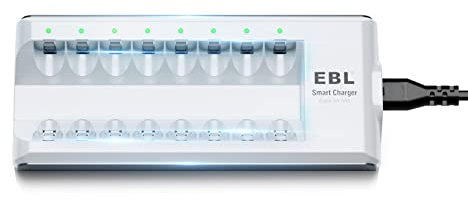 EBL Chargeur de Piles Indépendant 8 Slots, pour Charger 1-8pcs AA AAA Ni-MH Ni-CD Piles Rechargeables, avec Indicateur Intelligent