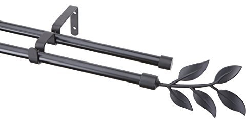 Gardinenstangen Set Blatt 2-läufig Metall schwarz, Ø 16mm, 160 cm