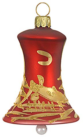 Jingle Bells Lauscha Christbaumschmuck Glocke rot matt mit Goldener Winterlandschaft 4 Stück per Box