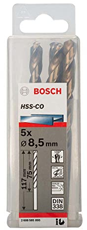 Bosch Professional 2608585895 5pc. HSS-Co Metal Drill Bit (stainless steel, 8.5 x 75 x 117 mm, accessory drill driver), Gold
