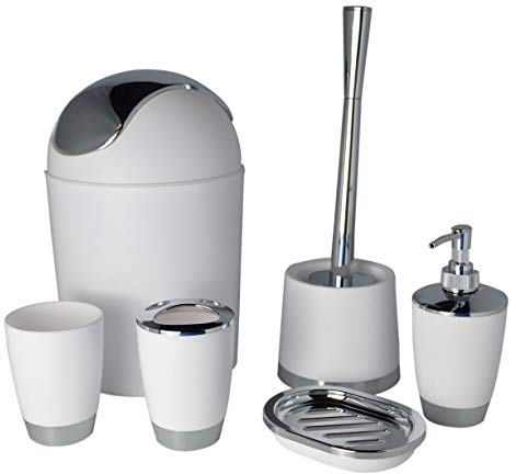 Bathlux Modern Design 6 Piece Bathroom Accessory Set, Toilet Brush, Waste Bin, Soap Dish, Tooth Brush Holder Soap Dispenser, Rinse Cup (White)