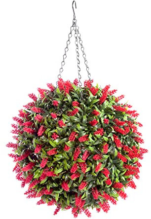 Best Artificial Lush 38cm Red Long Leaf Lavender Hanging Flower Ball Topiary Grass **UV Fade Protected**