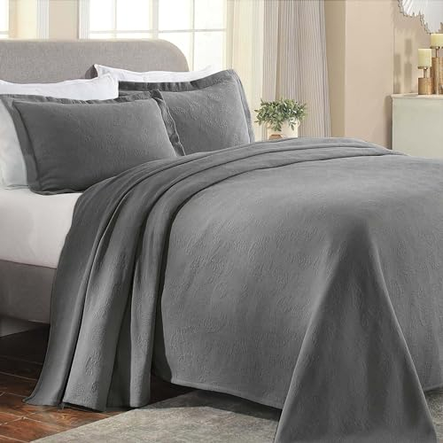 Superior Tagesdecke, Jacquard-Paisleymuster, Matelassé, Baumwolle, Kingsize, Grau, 3-teilig
