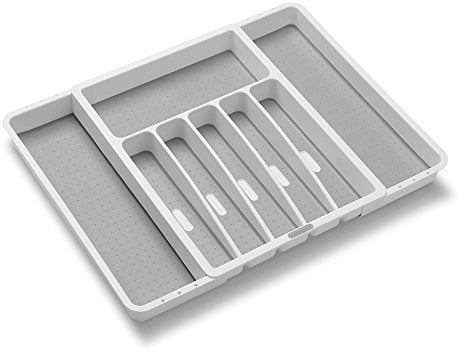madesmart Bandeja de cubiertos expandible, color blanco, colección clásica, 8 compartimentos, iconos para ayudar a clasificar cubiertos, cubiertos, utensilios | forro de agarre suave | sin BPA