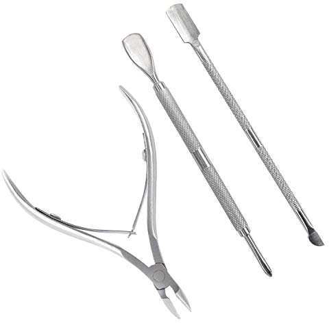 TRIXES Kit para el Cuidado de la Cutícula - 3 Piezas - Pinza Cortadora para Cutícula - Empujador y Arreglo - Acero Inoxidable