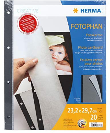 HERMA 7577 Fotokarton schwarz, 20 Stück, 23 x 29,7 cm, 220 g/m², Tonkarton zum Abheften mit Pergamin Papier und Eurolochung für Fotos, Bilder, Postkarten, Fotoalbum, Ordner, Ringbuch oder zum Basteln