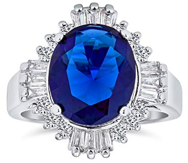 Personalisierte Art Deco Stil Königsblau Oval Baguette Halo 6 Ct Aaa CZ Simulierter Saphir Solitär Statement Verlobungsring Für Frauen Versilbert Anpassbar