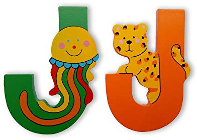 Vinsani Wooden Letters, ABC Alphabet Learning Toys, Self Adhesive, (J) | Preschool Educational Gift Toys for Toddlers, Personalised Colorful Jungle Animals Uppercase Letters Game, 8-10cm