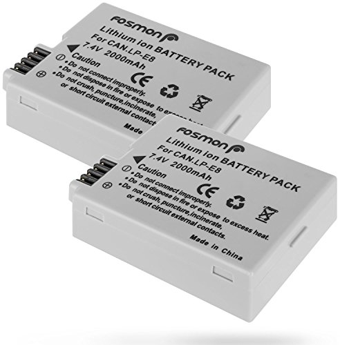 Fosmon - Batteries de Remplacement LP-E8 pour Canon - 7.4V, 2000mAh Li-Ion – Batterie LP-E8 Compatible avec les Appareils Photo Canon Rebel T3i, T2i, 550D, Digital Caméra EOS 700D, 550D - Lot de 2