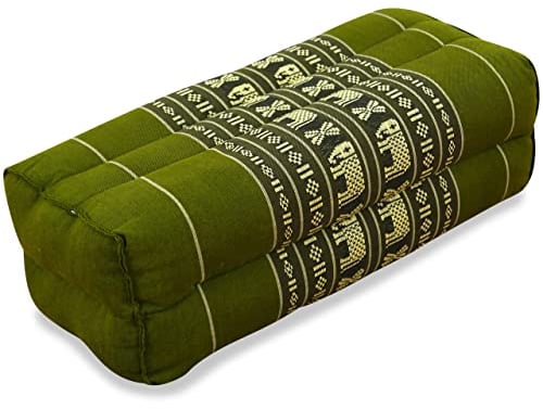 livasia Block Yogakissen eckig - 17x34x12cm - Meditationskissen mit Kapok, Stützkissen Bolster rechteckig, Yoga Pilates Zubehör Nackenkissen, Thaikissen fest handgefertigt (Grün/Elefanten)