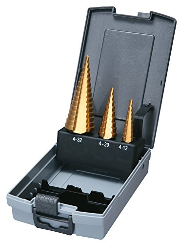 Makita D-46573 HSS-TiN Stufenbohrer-Set 3-teilig in Kunststoffkassette, Ø 4 - 12mm, Ø 4 - 20 mm, Ø 4 - 32 mm, Titan-Nitrid beschichtet, Rundschaft und 1/4-Sechskantaufnahme