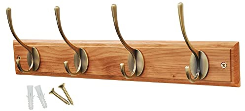 keypak Victorian 4-Hook Wall-Mounted Wooden Coat Rack, 45cm - Oak Finish Board, Antique Brass Coat Hooks - Fixings Included