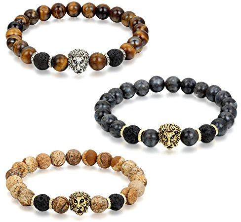 Flongo Energie Yoga Surfer Armband, 3 Stück Energiearmband Energie Armband Lava Mala EnergieStein Tiger-Auge Lava Silber Braun Schwarz Löwe Gebet Mala Kugel Perle Perlen Herren,Damen