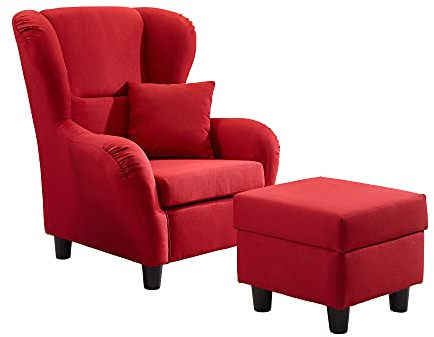 lifestyle4living - Moderner Ohrensessel mit Hocker – Große Auswahl an Stoffen und Farben - Gemütlicher Designer-Sessel im eleganten Landhaus-Stil, Rot
