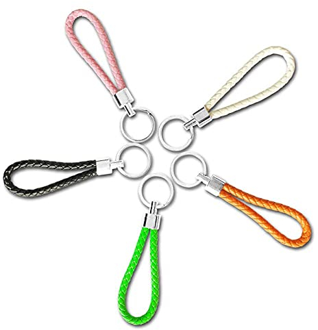 SwirlColor Braided PU Leather Strap Keyring Keychain Car Key Chain Ring Key Fob for Women Men Children- 5 Pcs
