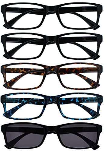 OPULIZE PEP Reading Glasses for Women Men, Large Rectangular Designer Frame with Spring Hinges, Scratch Resistant, Black, Brown, Blue, Black Sun +2.5 (Pack of 5)