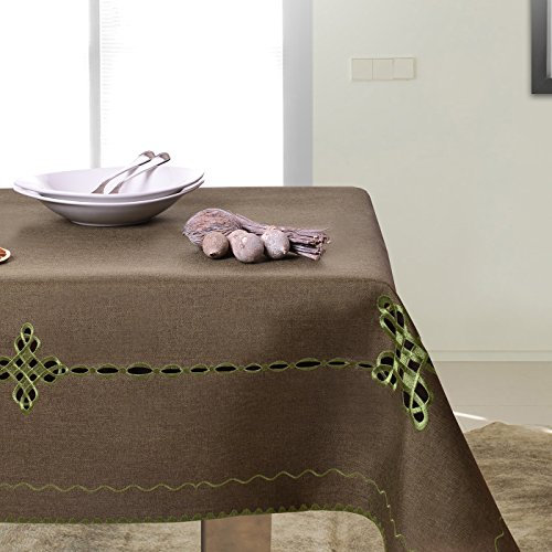 DecoKing 40x140 cm olivengrün grün dunkelgrün Tischdecke Tischtuch Tischläufer Geometrisches Muster gestickt elegant praktisch Pflegeleicht Leinoptik Lein Optik mit Borte Modern STP35
