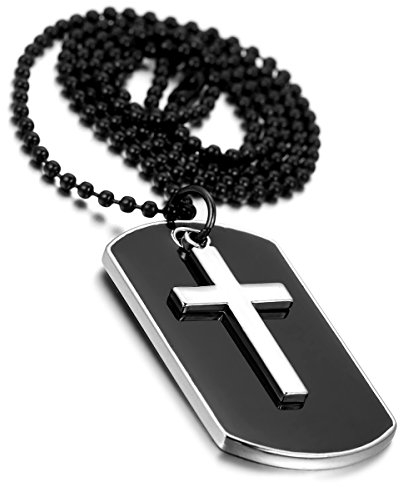Cupimatch Dog Tag Kreuz Halskette: Edelstahl Armee Erkennungsmarke Anhänger mit 70,5cm Kugelkette Punk Rock Schwarz Silber Kreuzanhänger Perlenkette Gothic Herrenschmuck für Ehemann Vater Freund