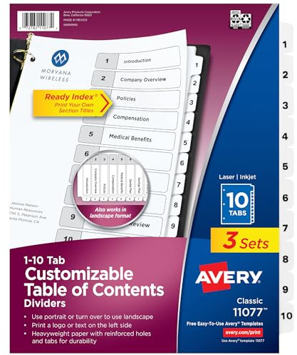 Avery 10-Tab Dividers for 3-Ring Binders, Customizable Table of Contents, Classic White Tabs, 1 Set (11077)