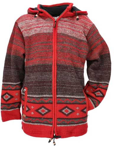 GURU SHOP Kuschelige gefütterte Strickjacke, Wolljacke, Nepaljacke | Mit Fleece gefüttert, Kapuze abnehmbar, Reißverschlusstaschen, handgefertigt in Nepal, feuchtigkeitsabweisend, winddicht