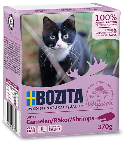 Bozita Appetizers in Sauce Wet Food with Shrimp in Tetra Recart 16 x 370 g - Grain-Free - Sustainably Produced Cat Food for Adult Cats - Complete Food