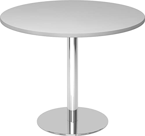 bümö Besprechungstisch, Esstisch klein, Tisch rund 100 cm - Kleiner Esstisch grau, Rundtisch Esstisch 2 Personen mit Holz-Platte, Säule aus Metall verchromt, Konferenztisch, Bistrotisch