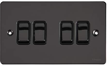 Schneider Electric GU1242BBN Ultimate Flat Plate, Black Nickel with Black Insert, 4 Gang Rocker 2 Way Light Switch, 16 AX