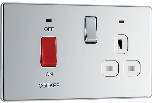 BG Electrical Cooker Switch with Socket and LED, Cooker Control Unit, Control Socket, Double Pole, Screwless Front Plate, Slim Profile, Premium Flatplate, Polished Chrome, White Inserts, 45A, FPC70W