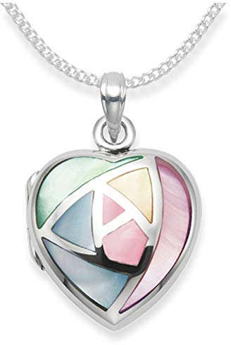 GENUINE 925 Sterling Silver Mother of Pearl Heart Locket Necklace on 18 curb chain - SIZE:19mm.8392/18