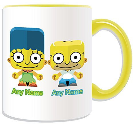 Cadeau personnalisé – Couple – Mug Design (famille Simpsons thème, Couleur) – N'importe Quel Nom/Message unique sur votre mug – Homer marge, Céramique, jaune