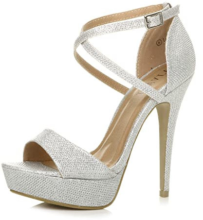 Ajvani Womens Ladies Platform high Heel Peeptoe Cross Over Strappy Shoes, 6 UK, Silver