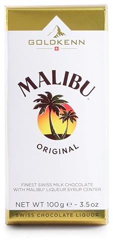 Goldkenn Malibu Liquer Chocolate Bar - 100g | Luxurious Taste | Crafted With the Finest Swiss Milk Chocolate | Filled with a Decadent Malibu Liqueur Syrup Centre | Sophisticated Treat for Adults