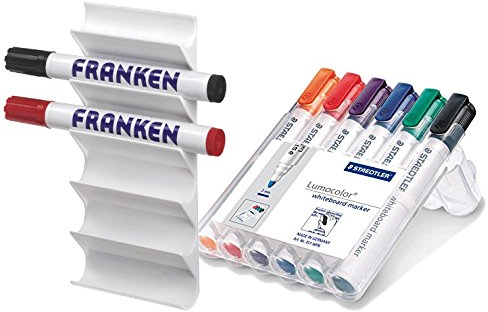 FRANKEN Z1986 Tafelschreiber-Halter für 6 Marker, Kunststoff magnetisch + 6 Whiteboardmarker Sortiert Rundspitze