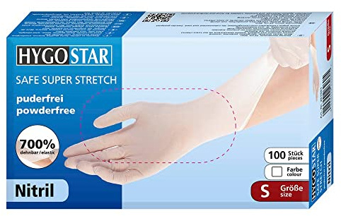 FRANZ MENSCH Hygostar Nitrilhandschuhe Safe Super Stretch, weiß, Gr. 7/S | puderfrei, 100 Stück, extrem dehnbar, Einweghandschuh, Einmalhandschuh super elastisch