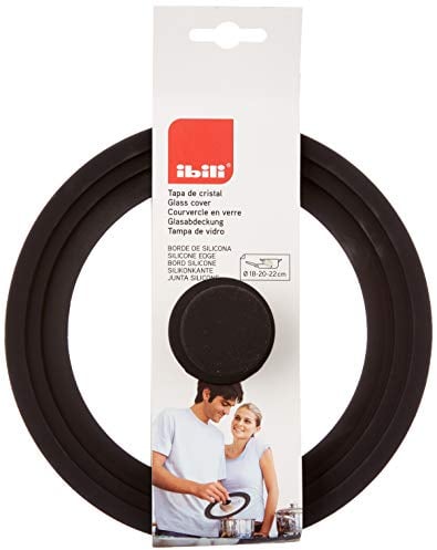 Ibili Tapa Cristal 18-20-22 CM Borde Silicona, Stainless Steel, Transparente Y Negro