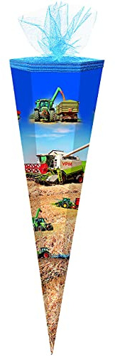 alles-meine.de GmbH Schultüte - Traktor/Landmaschinen - 70 cm - rund - Tüllabschluß - Zuckertüte - mit/ohne Kunststoff Spitze - für Jungen/Mähdrescher/Traktoren - Fah..