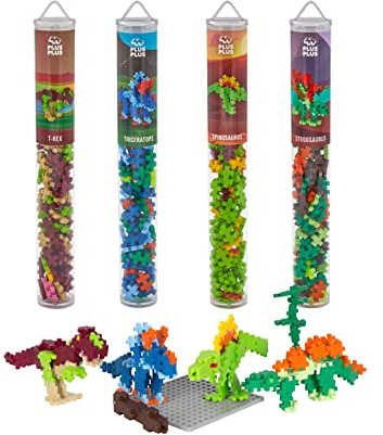Plus-Plus 7266 Geniales Konstruktionsspielzeug, Dinosaurier-Mix, Bundle aus 4 verschiedenen Kreativ-Bausteine Tubes inkl. Bauplatte, 400 Teile, Mischfarben