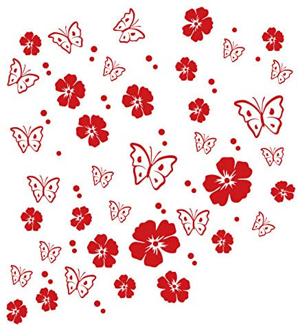 kleb-drauf | 19 Blüten, 19 Schmetterlinge und 42 Punkte | Rot - matt | Wandtattoo Wandaufkleber Wandsticker Aufkleber Sticker | Wohnzimmer Schlafzimmer Kinderzimmer Küche Bad | Deko Wände Glas Fenster Tür Fliese