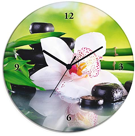 ARTLAND Wanddeko Wanduhr ohne Tickgeräusche Glas Quarzuhr Ø 30 cm Rund Lautlos Orchidee Zen Pflanze Spa Steine Bambus Asiatisch T9IQ