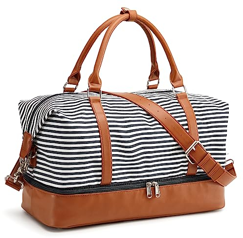 S-ZONE Damen Weekender Reisetasche 33/45 L Canvas Tasche Übergröße Duffel Taschen mit PU-Lederband und Schuhfach
