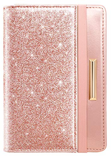 Passport Holder Cover Travel RFID Blocking Passport Cover Rose Gold Cute Flowers Passport Wallet with Elastic Band for Women, Glitter, Casual