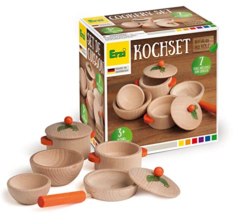 Erzi 10659 Kochset Natur aus Holz, Kinderküche, Kaufladenartikel für Kinder