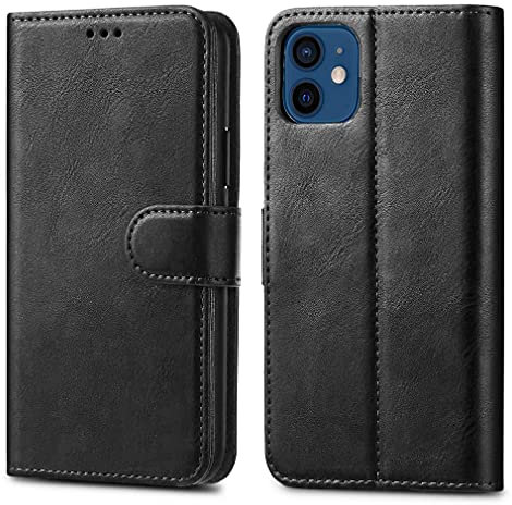 iPhone 12/ iPhone 12 Pro 6.1 Leather Case - Premium Wallet Case Leather Flip Cover For iPhone 12/ iPhone 12 Pro [Card Holder] [Magnetic Closure] (Black)