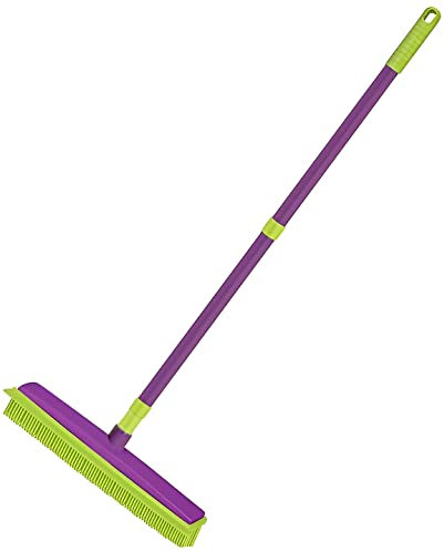EPISENT Extendable Rubber Broom Pet Hair Remover, Scratch Free Bristles for Carpets Rugs Hard Floors, Indoor Outdoor Wet and Dry Use, Sweeps Hair Lint Dirt Water Dust Spills Leaves, Green Purple